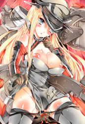 Rule 34 | 10s, 1girl, armor, bad id, bad pixiv id, bariko, bismarck (kancolle), black gloves, black panties, blonde hair, blue eyes, blush, breasts, breasts out, cannon, cleavage, detached sleeves, gloves, grey thighhighs, hat, highres, kantai collection, large breasts, long hair, mecha musume, nipples, panties, panty pull, parted lips, peaked cap, puffy nipples, pussy juice, pussy juice trail, sweat, thighhighs, turret, underwear