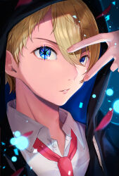 Rule 34 | 1boy, black hoodie, blonde hair, blue background, blue eyes, blurry, blurry foreground, collared shirt, commentary request, depth of field, dress shirt, hair between eyes, highres, hood, hood up, hoodie, hoshino aquamarine, kelly 0w0, light particles, looking at viewer, male focus, necktie, oshi no ko, parted lips, partial commentary, red necktie, shirt, short hair, solo, upper body, v, v over eye, white shirt
