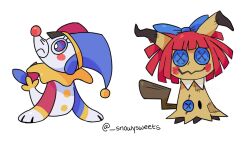 Rule 34 | blue eyes, blush, brown hair, button eyes, buttons, closed mouth, creatures (company), crossover, frown, game freak, gen 7 pokemon, hat, jester cap, mimikyu, nintendo, pokemon, pomni (the amazing digital circus), popplio, ragatha (the amazing digital circus), red eyes, red hair, simple background, smile, snowysweets, the amazing digital circus, two-tone eyes, white background