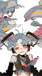 Rule 34 | 1girl, blue hair, crop top, detached sleeves, floating hair, glitch, grey hair, hair ornament, half-closed eye, hatsune miku, headphones, highres, hyamoo, long hair, multicolored hair, necktie, orange hair, parted lips, pink hair, red eyes, simple background, solo, twintails, upper body, very long hair, vocaloid, white background