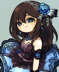 Rule 34 | 1girl, armband, bad id, bad pixiv id, bare shoulders, blue eyes, blue flower, blue rose, breasts, brown hair, cleavage, closed mouth, dress, earrings, empty eyes, eyebrows, facing away, flower, gradient background, hair between eyes, hair flower, hair ornament, highres, idolmaster, idolmaster cinderella girls, idolmaster cinderella girls starlight stage, jewelry, large breasts, long hair, looking at viewer, multicolored clothes, multicolored dress, necklace, rose, sagisawa fumika, smile, solo, strapless, strapless dress, yknsugar