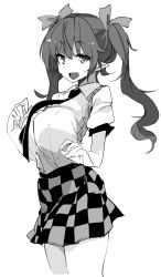 Rule 34 | 1girl, breasts, checkered clothes, checkered skirt, commentary request, cowboy shot, fang, greyscale, hair ribbon, himekaidou hatate, kamukamu (ars), large breasts, long hair, looking at viewer, miniskirt, monochrome, necktie, open mouth, pointy ears, puffy short sleeves, puffy sleeves, ribbon, short sleeves, simple background, sketch, skirt, smile, solo, standing, thighs, touhou, twintails, white background