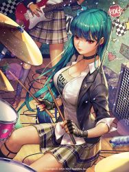 Rule 34 | 10s, 1girl, 2010, 2015, aqua hair, black gloves, black socks, breasts, brown footwear, cleavage, closed mouth, clothes writing, collar, collarbone, collared shirt, company name, dress shirt, drum, drum set, electric guitar, english text, fingerless gloves, furyou michi ~gang road~, gloves, green hair, guitar, heart, highres, holding, instrument, kneehighs, lens flare, loafers, long hair, medium breasts, nail polish, osuk2, plaid, plaid skirt, pleated skirt, red eyes, shirt, shoes, sitting, skirt, socks, solo, solo focus, speaker, spiked collar, spikes, standing, very long hair, watermark, wing collar, wooden floor