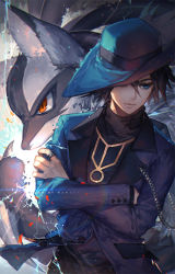 Rule 34 | 00s, 1boy, artist name, black hair, blue eyes, buttons, chain, claws, coat, creatures (company), crossed arms, game freak, gen 4 pokemon, hat, hat over one eye, jewelry, kawacy, long sleeves, looking to the side, lucario, nintendo, pokemon, pokemon (creature), pokemon dppt, projected inset, red eyes, riley (pokemon), ring, short hair, spiked hair