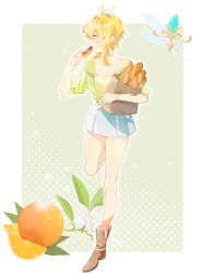 Rule 34 | 1girl, alternate costume, bag, baguette, bare legs, blonde hair, blue nails, blue skirt, border, bread, breasts, brown footwear, choker, cleavage, collarbone, collared jacket, dotted background, ear piercing, eclair (food), facing to the side, feather hair ornament, feathers, food, fruit, full body, genshin impact, green background, green jacket, hair ornament, hairband, hand up, highres, holding, holding food, jacket, leg up, looking ahead, lumine (genshin impact), medium breasts, orange (fruit), orange slice, piercing, puffy short sleeves, puffy sleeves, shirt, short hair with long locks, short sleeves, single off shoulder, skirt, solo, standing, white background, white border, white hairband, yaner 10, yellow eyes, yellow shirt