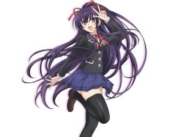 Rule 34 | 10s, 1girl, blush, date a live, hair between eyes, hair ribbon, happy, long hair, open mouth, pleated skirt, ponytail, purple eyes, purple hair, red ribbon, ribbon, school uniform, simple background, skirt, solo, thighhighs, very long hair, w, white background, yatogami tooka, zettai ryouiki