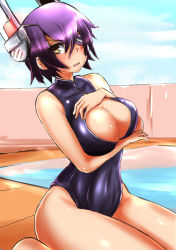 Rule 34 | 10s, 1girl, blush, breast hold, breasts, cleavage, covering privates, covering breasts, eyepatch, female focus, from side, front zipper swimsuit, headgear, highres, kantai collection, large breasts, looking at viewer, meme attire, norman maggot, one-piece swimsuit, open mouth, poolside, purple hair, seiza, short hair, sitting, solo, swimsuit, tenryuu (kancolle), yellow eyes