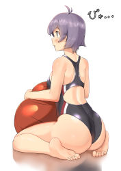 Rule 34 | 1girl, absurdres, antenna hair, ass, bad id, bad pixiv id, ball, barefoot, black one-piece swimsuit, commentary request, competition swimsuit, exercise ball, feet, highres, kantai collection, one-piece swimsuit, osananajimi neko, purple eyes, purple hair, reflection, sakawa (kancolle), short hair, simple background, sitting, soles, solo, swimsuit, toes, wariza, white background
