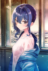 Rule 34 | 1girl, blue eyes, blue hair, blush, border, breasts, cleavage, highres, hololive, hoshimachi suisei, jacket, medium hair, open clothes, open jacket, outdoors, peaceyj, shirt, side ponytail, snowing, star (symbol), star in eye, symbol in eye, virtual youtuber