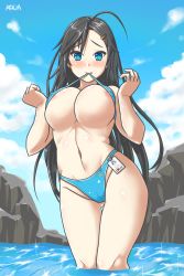 Rule 34 | 1girl, absurdres, ahoge, aqua (lostvap), areola slip, bad id, bad pixiv id, bikini, bikini top lift, black hair, blue bikini, blue eyes, blush, breasts, cameltoe, clenched hand, closers, clothes lift, cloud, covered erect nipples, day, embarrassed, fang, fang out, female focus, groin, hair ornament, hairclip, highres, id card, large breasts, lifting own clothes, long hair, looking at viewer, mouth hold, name tag, navel, outdoors, raised eyebrows, rock, signature, sky, solo, sparkle, standing, swimsuit, thigh gap, underboob, very long hair, wading, water, yuri seo