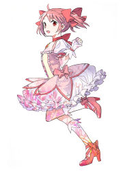 Rule 34 | 10s, 1girl, :d, bad id, bad pixiv id, bow, bubble skirt, choker, dress, gloves, hair bow, high heels, highres, jumping, kaname madoka, magical girl, mahou shoujo madoka magica, mahou shoujo madoka magica (anime), makiko, open mouth, pink dress, pink eyes, pink hair, puffy short sleeves, puffy sleeves, running, shoes, short hair, short sleeves, short twintails, simple background, skirt, smile, solo, thighhighs, twintails, white background