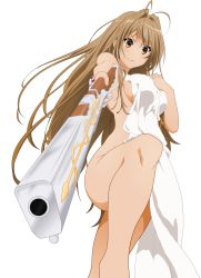 Rule 34 | 10s, 1girl, absurdres, amagi brilliant park, foreshortening, gun, highres, looking at viewer, nude, sento isuzu, solo, towel, transparent background, vector trace, weapon