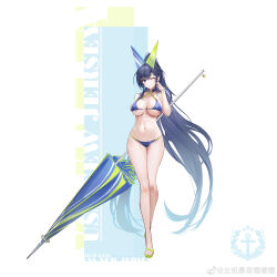 Rule 34 | 1girl, absurdly long hair, absurdres, azur lane, bare shoulders, bikini, blue bikini, blue eyes, blue hair, breasts, character name, cleavage, closed mouth, copyright name, criss-cross halter, full body, green footwear, hair between eyes, halterneck, hand on own face, highres, holding, holding umbrella, large breasts, long hair, navel, new jersey (azur lane), new jersey (midsummer leisure) (azur lane), official alternate costume, one eye closed, ponytail, sideboob, simple background, slippers, smile, solo, stomach, swimsuit, umbrella, underboob, very long hair, yyy (zelda10010)