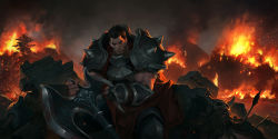 Rule 34 | 1boy, armor, axe, bara, black gloves, black hair, cape, closed mouth, corpse, darius (league of legends), death, fingerless gloves, fire, gloves, highres, holding, holding axe, holding cape, holding clothes, holding weapon, league of legends, legends of runeterra, looking to the side, male focus, muscular, muscular male, official art, pauldrons, red cape, scar, scar across eye, scar on face, short hair, shoulder armor, shoulder spikes, sitting, sixmorevodka, solo, spikes, vambraces, weapon