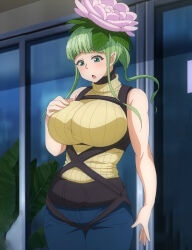 Rule 34 | 1girl, absurdres, anime screenshot, breasts, cowboy shot, elf-san wa yaserarenai., female focus, flower, green hair, hair flower, hair ornament, harness, highres, huge breasts, kusahanada (elf-san wa yaserarenai.), looking down, medium hair, monster girl, plant girl, shirt, sidelocks, sleeveless, sleeveless turtleneck, solo, stitched, third-party edit, turtleneck, yellow shirt