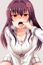 Rule 34 | 1girl, anger vein, blush, breasts, cleavage, collarbone, command spell, fate/grand order, fate (series), highres, large breasts, long hair, looking at viewer, nishi koutarou, open mouth, purple hair, red eyes, ribbed sweater, saliva, scathach (fate), sweater, tongue, tongue out, v arms