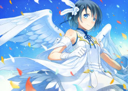 Rule 34 | 1girl, asahikawa hiyori, bare shoulders, black hair, blue eyes, blue ribbon, blue sky, day, detached sleeves, dress, feather hair ornament, feathered wings, feathers, gloves, gradient hair, hair ornament, light smile, looking at viewer, multicolored hair, neck ribbon, original, outdoors, outstretched arm, ribbon, short hair, sky, sleeveless, sleeveless dress, solo, white gloves, wings