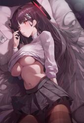 Rule 34 | 1girl, absurdres, black hair, black pantyhose, black skirt, blue archive, blunt bangs, blush, breasts, cleavage, commentary, hair ornament, hairclip, halo, highres, large breasts, long hair, long sleeves, looking at viewer, lying, ninebell, on side, pantyhose, parted lips, red eyes, rio (blue archive), skirt, solo, sweat, sweater, thighband pantyhose, turtleneck, turtleneck sweater, underboob, very long hair, white sweater