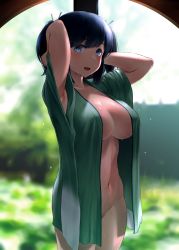 Rule 34 | 1girl, :d, absurdres, armpits, arms behind head, arms up, bare arms, blue eyes, blue hair, blurry, blurry background, breasts, cowboy shot, green robe, highres, kantai collection, large breasts, looking at viewer, naked robe, open clothes, open mouth, open robe, robe, short sleeves, short twintails, smile, solo, souryuu (kancolle), standing, twintails, wa (genryusui), wet