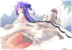 Rule 34 | 1girl, :o, artist name, ass, azur lane, bare shoulders, black ribbon, blush, commentary request, dress, elbow gloves, gloves, hair between eyes, hair bun, hair ribbon, highres, long hair, looking at viewer, looking back, one side up, panties, parted lips, purple eyes, purple hair, ribbon, see-through, shoulder blades, side bun, single hair bun, single side bun, sleeveless, sleeveless dress, solo, stuffed animal, stuffed pegasus, stuffed toy, stuffed unicorn, stuffed winged unicorn, thighhighs, underwear, unicorn (azur lane), usume shirou, very long hair, white dress, white gloves, white panties, white thighhighs