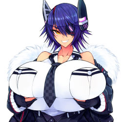 Rule 34 | 1girl, absurdres, bare shoulders, black gloves, breast hold, breasts, breasts squeezed together, checkered clothes, checkered necktie, checkered neckwear, collarbone, eyepatch, gigantic breasts, gloves, grabbing, grabbing own breast, grin, hair between eyes, headgear, highres, kantai collection, long sleeves, looking at viewer, necktie, partially fingerless gloves, purple hair, shirt, short hair, simple background, smile, solo, teeth, tenryuu (kancolle), tenryuu kai ni (kancolle), tokyokyoto, upper body, white background, yellow eyes