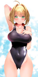 Rule 34 | 1girl, ahoge, bare shoulders, blonde hair, blush, breasts, cleavage, collarbone, competition swimsuit, covered navel, fate/extra, fate (series), green eyes, hair intakes, hair ribbon, highleg, highleg swimsuit, highres, large breasts, long hair, looking at viewer, nero claudius (fate), nero claudius (fate) (all), nero claudius (fate/extra), one-piece swimsuit, red ribbon, ribbon, sabi (rupf2384), smile, solo, swimsuit, thighs