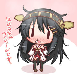Rule 34 | 10s, 1girl, black hair, blush, chibi, hair ornament, hairclip, haruna (kancolle), kantai collection, komakoma (magicaltale), long hair, nontraditional miko, open mouth, skirt, snot, solo, translated