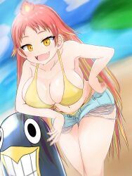 Rule 34 | 1girl, 20s, absurdres, bare arms, bare shoulders, beach, bikini, blurry, bra, breasts, cleavage, cloudy, collarbone, colored tips, eyelashes, gyari (bird), hand on own hip, highres, hikasa tomoshika, himukai ryumaru, inflatable toy, large breasts, leaning on object, looking at viewer, loose pants, loose shorts, multicolored hair, nail polish, ocean, panties, raised eyebrows, red hair, short shorts, shorts, smile, swimsuit, two-tone hair, unbuttoned, underwear, virtual youtuber, voms, wide hips, yellow bra, yellow eyes, yellow nails, yellow panties