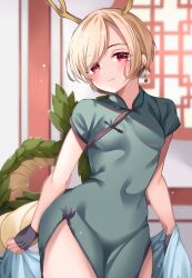 Rule 34 | 1girl, adapted costume, antlers, blonde hair, blue dress, blurry, blurry background, breasts, closed mouth, commentary request, covered navel, cowboy shot, dragon tail, dress, drop earrings, earrings, eyes visible through hair, highres, horns, indoors, jewelry, kicchou yachie, light smile, looking at viewer, meimei (meimei89008309), red eyes, shawl, short hair, short sleeves, side slit, small breasts, solo, tail, touhou, turtle shell