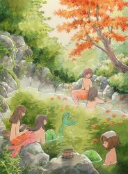 Rule 34 | 5girls, autumn leaves, bare shoulders, black eyes, breasts, brown hair, brushing another&#039;s hair, brushing hair, bucket, closed eyes, falling leaves, from behind, green scales, green tail, heikala, highres, leaf, long hair, looking at another, maple leaf, maple tree, medium hair, mermaid, monster girl, multiple girls, nature, no shirt, onsen, orange scales, orange tail, original, outdoors, painting (medium), partially submerged, rock, short hair, sitting, sitting on rock, small breasts, towel, towel on head, traditional media, tree, water, watercolor (medium), wooden bucket