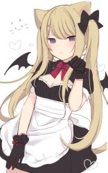 Rule 34 | 1girl, amashiro natsuki, animal ears, apron, bad id, bad twitter id, bat wings, black bow, black dress, black gloves, black wings, blonde hair, blush, bow, breasts, cat ears, cleavage, closed mouth, commentary request, dress, dutch angle, gloves, hair between eyes, hair bow, hair ornament, hand up, highres, light brown hair, long hair, mini wings, original, puffy short sleeves, puffy sleeves, purple eyes, short sleeves, simple background, small breasts, solo, twintails, very long hair, waist apron, white apron, white background, wings, x hair ornament