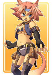 Rule 34 | 00s, 1girl, animal ears, breasts, elbow gloves, final fantasy, final fantasy xi, fingerless gloves, gloves, headband, katy (artist), midriff, mithra (ff11), small breasts, solo, tail, thighhighs, underboob