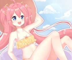 Rule 34 | 1girl, :d, ahoge, arm up, bare arms, bare shoulders, bikini, blue sky, blush, breasts, brown hat, cleavage, cloud, collarbone, commentary request, day, fang, hair ribbon, hand on headwear, hat, highres, innertube, knees up, light (luxiao deng), long hair, looking at viewer, medium breasts, milim nava, open mouth, outdoors, outline, pink hair, polka dot, polka dot bikini, ribbon, sitting, sky, smile, solo, straw hat, swim ring, swimsuit, tensei shitara slime datta ken, twintails, very long hair, white outline, yellow bikini, yellow ribbon