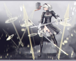 Rule 34 | 1girl, big.g, black dress, black thighhighs, blindfold, breasts, cameltoe, dress, dual wielding, holding, holding sword, holding weapon, katana, mole, mole under mouth, nier (series), nier:automata, pod (nier:automata), short hair, silver hair, sword, thighhighs, weapon, 2b (nier:automata)