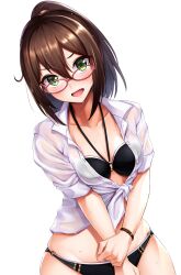 Rule 34 | 1girl, absurdres, bikini, black bikini, bracelet, breasts, brown hair, collarbone, collared shirt, commentary request, glasses, green eyes, halterneck, hand on own arm, highres, jewelry, looking at viewer, medium breasts, medium hair, mifuyu (princess connect!), mifuyu (real) (princess connect!), open mouth, ponytail, princess connect!, red-framed eyewear, shirt, sidelocks, simple background, solo, swimsuit, tied shirt, tonelico1213, v-shaped eyebrows, wet, wet clothes, wet shirt, white background, white shirt
