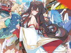 Rule 34 | 3girls, animal ears, aqua kimono, architecture, azur lane, bag, black hair, blue hair, blue wings, breasts, brick floor, brown hair, cherry blossoms, closed eyes, colored inner hair, commentary request, day, demon horns, east asian architecture, fox ears, fox tail, hairband, happy, hatsuzuki (azur lane), highres, horns, hukahire0120, japanese clothes, kimono, long hair, manjuu (azur lane), multicolored hair, multiple girls, niizuki (azur lane), official art, open mouth, outdoors, pagoda, red eyes, second-party source, shopping bag, small breasts, smile, tail, thighhighs, wakatsuki (azur lane), white hairband, white thighhighs, wide sleeves, wings, wooden bridge