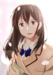 Rule 34 | 1girl, :d, blue bow, blue bowtie, bow, bowtie, brown eyes, brown hair, brown jacket, cherry blossoms, collared shirt, highres, holding, holding notebook, jacket, kimi no suizou wo tabetai, long hair, long sleeves, looking at viewer, notebook, open mouth, petals, school uniform, shirt, smile, solo, take20131004, upper body, white shirt, yamauchi sakura