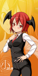 Rule 34 | 1girl, adapted costume, alternate costume, alternate hair length, alternate hairstyle, bat wings, belt, blush, breasts, diisuke, dress shirt, embodiment of scarlet devil, female focus, finger to mouth, formal, hair between eyes, hand on own hip, head wings, highres, hip focus, koakuma, long image, long sleeves, looking at viewer, necktie, pant suit, pants, red eyes, red hair, red necktie, ringed eyes, shirt, short hair, solo, suit, tall image, touhou, vest, wings, zoom layer