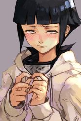 Rule 34 | 1girl, black hair, blunt bangs, blush, bright pupils, child, closed mouth, embarrassed, fingernails, grey eyes, hood, hoodie, hungry clicker, hyuuga hinata, long sleeves, looking to the side, naruto, naruto (series), nervous, purple background, short hair, simple background, solo, upper body