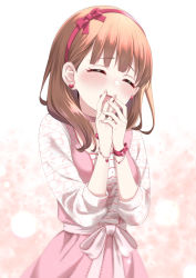 Rule 34 | 1girl, bead bracelet, beads, blush, bobbles, bow, bracelet, breasts, brown hair, closed eyes, commentary, covering own mouth, dot nose, dress, earrings, eyelashes, hair bow, hairband, hands up, heart, heart earrings, highres, idolmaster, idolmaster cinderella girls, jewelry, laughing, long sleeves, medium breasts, medium hair, open mouth, pink background, pink dress, red bow, sakuma mayu, solo, tottoto tomekichi, waist bow, wristband