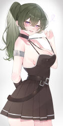 Rule 34 | 1girl, absurdres, arm behind back, black dress, black gloves, blush, breasts, cleavage, commentary request, crossed bangs, dress, gloves, green hair, hair between eyes, highres, large breasts, large pectorals, long hair, looking at viewer, medium breasts, open mouth, pectorals, pleated dress, pulled by self, purple eyes, side ponytail, simple background, single glove, smile, solo, sousou no frieren, strap pull, tsuyuri eri, ubel (sousou no frieren), white background