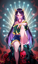 Rule 34 | 1girl, absurdres, black hair, blue shorts, breasts, collarbone, commentary request, danmaku, ears visible through hair, fingernails, flip-flops, green shirt, highres, horns, large breasts, long hair, looking at viewer, nail polish, nippaku zanmu, oni horns, open mouth, pointy ears, raptor7, red eyes, red nails, sandals, shirt, short sleeves, shorts, skull, solo, toenail polish, toenails, touhou, wide sleeves