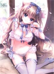 Rule 34 | 1girl, 9-nine-, absurdres, animal ears, arm support, blue bow, blue eyes, blue footwear, blue wrist cuffs, bow, bra, breasts, brown hair, cat ears, center frills, choker, cleavage, closed mouth, collar, eyelashes, fingernails, floral print, frilled bra, frilled choker, frilled cuffs, frilled panties, frilled sleeves, frilled thighhighs, frills, gluteal fold, hair between eyes, hair bow, hair over shoulder, head tilt, high heels, highres, indoors, izumi tsubasu, knees together feet apart, kujou miyako, large breasts, leaning forward, long hair, looking at viewer, midriff, navel, official art, on floor, panties, paw pose, scan, sidelocks, sitting, smile, solo, sparkle, stomach, sunlight, thigh gap, thighhighs, thighs, underwear, very long hair, wavy hair, white bra, white choker, white collar, white panties, white thighhighs, window, wrist cuffs