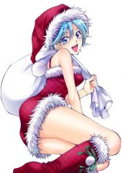 Rule 34 | 10s, 1girl, :d, akitsuki fuuka, aqua eyes, aqua hair, boots, christmas, commentary, dress, from side, fur-trimmed boots, fur-trimmed dress, fur trim, fuuka, green ribbon, hat, jpeg artifacts, knee boots, open mouth, over shoulder, plaid, plaid boots, plaid dress, plaid headwear, plaid ribbon, red dress, red footwear, red hat, ribbon, sack, santa boots, santa costume, santa hat, seo kouji, short hair, simple background, smile, solo, white background