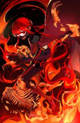 Rule 34 | 1boy, black bodysuit, bodysuit, bone, broken bone, cape, commentary request, elbow gloves, family crest, fate/grand order, fate (series), fire, full body, gloves, gold trim, high heels, highres, holding, holding skull, long hair, looking at viewer, low ponytail, male focus, mask, mouth mask, oda nobukatsu (fate), oda uri, official alternate costume, official alternate hair color, ponytail, red cape, red eyes, red hair, red theme, sidelocks, skeleton, skull, solo, twitter username, yui (tamagohan)