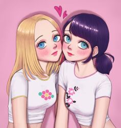 Rule 34 | 2girls, blonde hair, blue eyes, blue hair, blush, closed mouth, gongonsrr, heart, highres, long hair, looking at viewer, marinette dupain-cheng, miraculous ladybug, multiple girls, pink background, shirt, short twintails, smile, twintails, upper body, white shirt, zoe lee