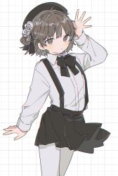 Rule 34 | 1girl, beret, black skirt, brown hair, expressionless, flower, hair flower, hair ornament, hand up, hat, hatoba tsugu, highres, looking at viewer, neck ribbon, pantyhose, patterned background, pleated skirt, ribbon, shirt, short hair, skirt, solo, suspender skirt, suspenders, tsugu (vtuber), virtual youtuber, white background, white pantyhose, white shirt, yayoripain