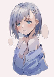 Rule 34 | 1girl, bare shoulders, blue hair, blush, bob cut, breath, commentary, cropped torso, curled fingers, cytus, cytus ii, embarrassed, haiki sareta haguruma, hair ornament, hair over one eye, hairclip, hand on own chest, looking at viewer, looking to the side, naked shirt, nora (cytus), off shoulder, parted lips, pink background, shirt, simple background, sketch, solo, swept bangs, tearing up, tears, unbuttoned, worried