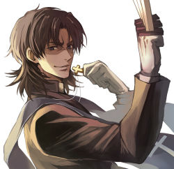 Rule 34 | 1boy, bad id, bad pixiv id, between fingers, brown eyes, brown hair, closed mouth, cross, cross necklace, evil smile, fate/stay night, fate (series), gloves, holding, jewelry, kotomine kirei, looking at viewer, male focus, necklace, nijihayashi, shaded face, simple background, smile, solo, sword, upper body, weapon, white background, white gloves