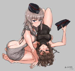 Rule 34 | 10s, 2girls, absurdres, ass, back, backless dress, backless outfit, bare back, bare shoulders, barefoot, blush, breasts, brown eyes, brown hair, butt crack, dimples of venus, dress, feet, female focus, from side, garrison cap, girls und panzer, grey background, hair between eyes, halterneck, hat, highres, holding, holding clothes, holding hat, itsumi erika, knees up, large breasts, looking at viewer, lying, meme attire, multiple girls, naked sweater, nishizumi maho, no bra, no panties, on back, on floor, ribbed sweater, seiza, short hair, sideboob, sidelocks, signature, silver hair, simple background, sitting, soles, ssamjang (misosan), sweater, sweater dress, toes, turtleneck, turtleneck sweater, twitter username, unworn hat, unworn headwear, virgin killer sweater, wavy mouth